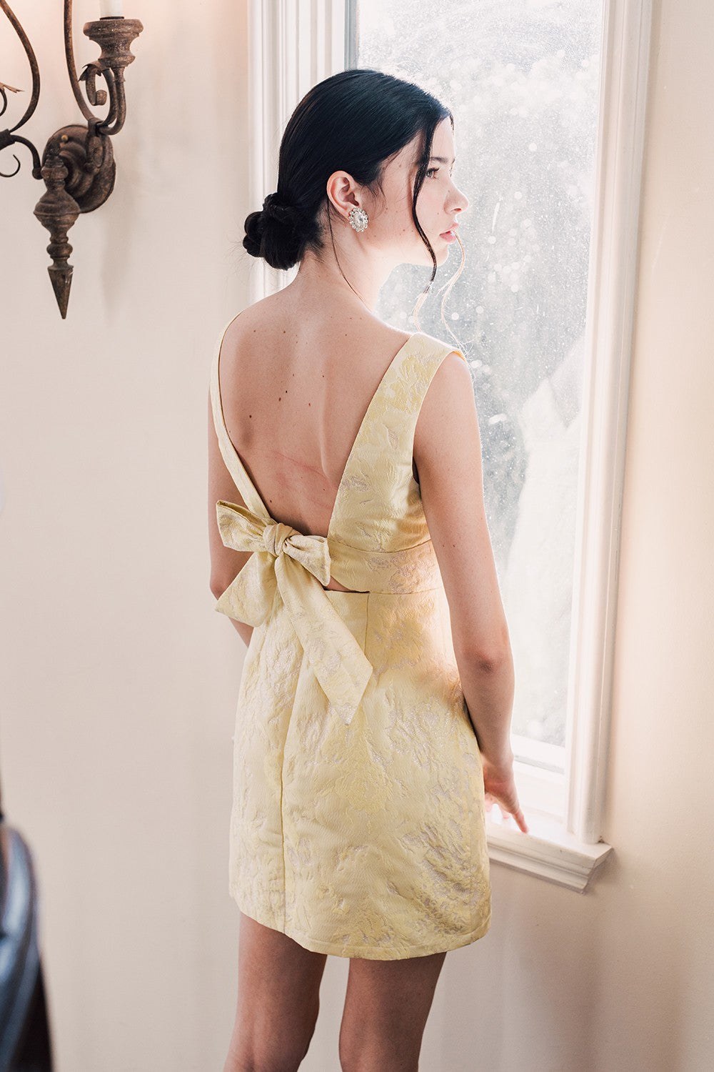 bow back jacquard v neck dress