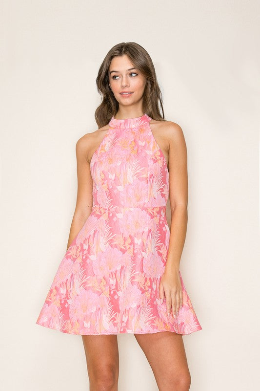 floral jacquard halter flare dress RK Collections Boutique floral jacquard halter flare dress RK Collections Boutique