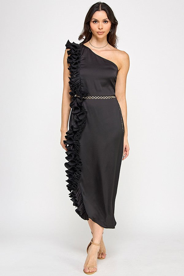 one shoulder ruffle midi dress One Shoulder Ruffle Midi Dress Black / Medium