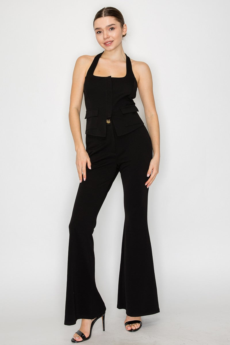 Halter Flap Pockets Zippered Top