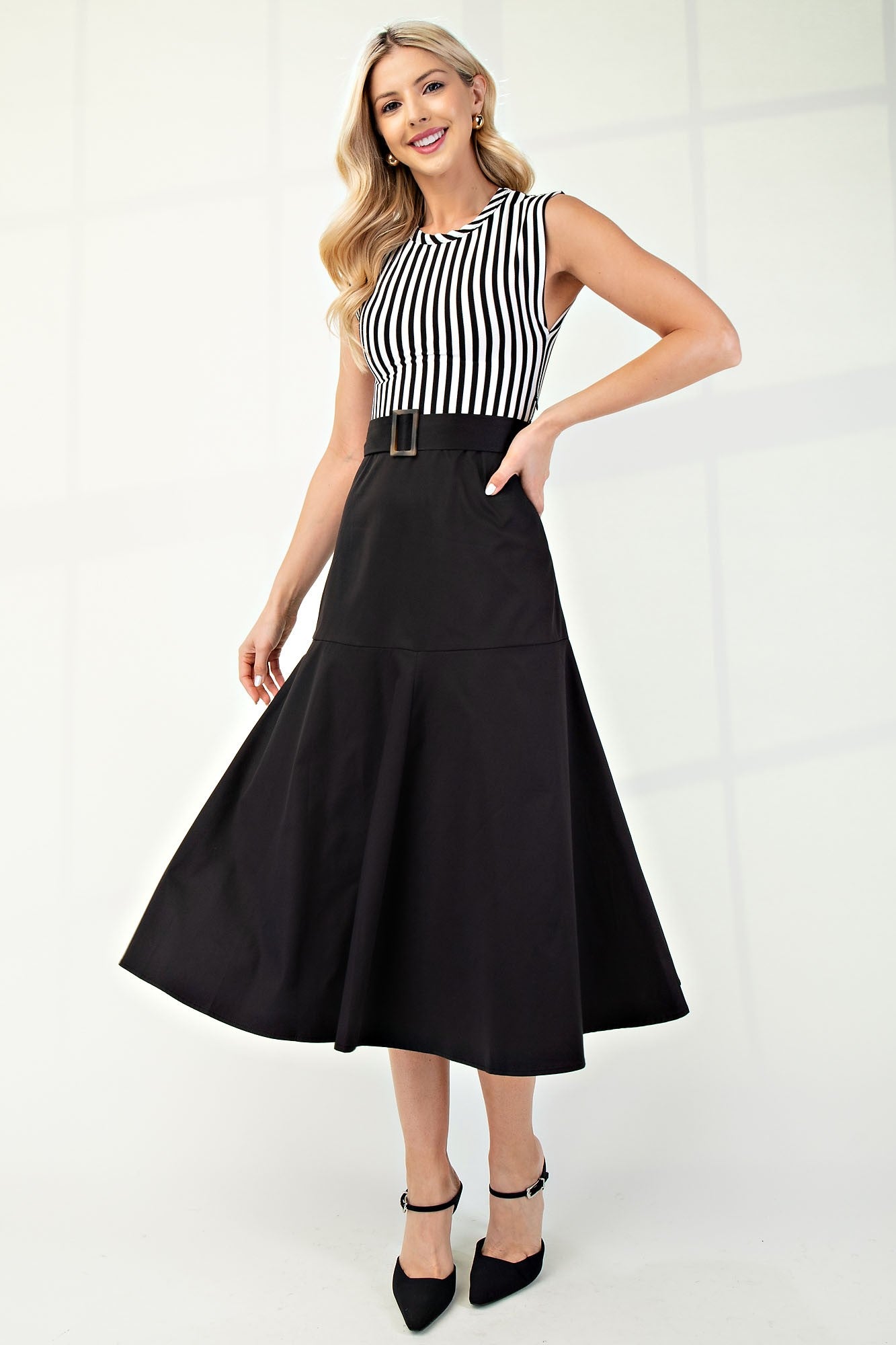 Combination Belted Midi Dress Black / Small Combination Belted Midi Dress Black / Small