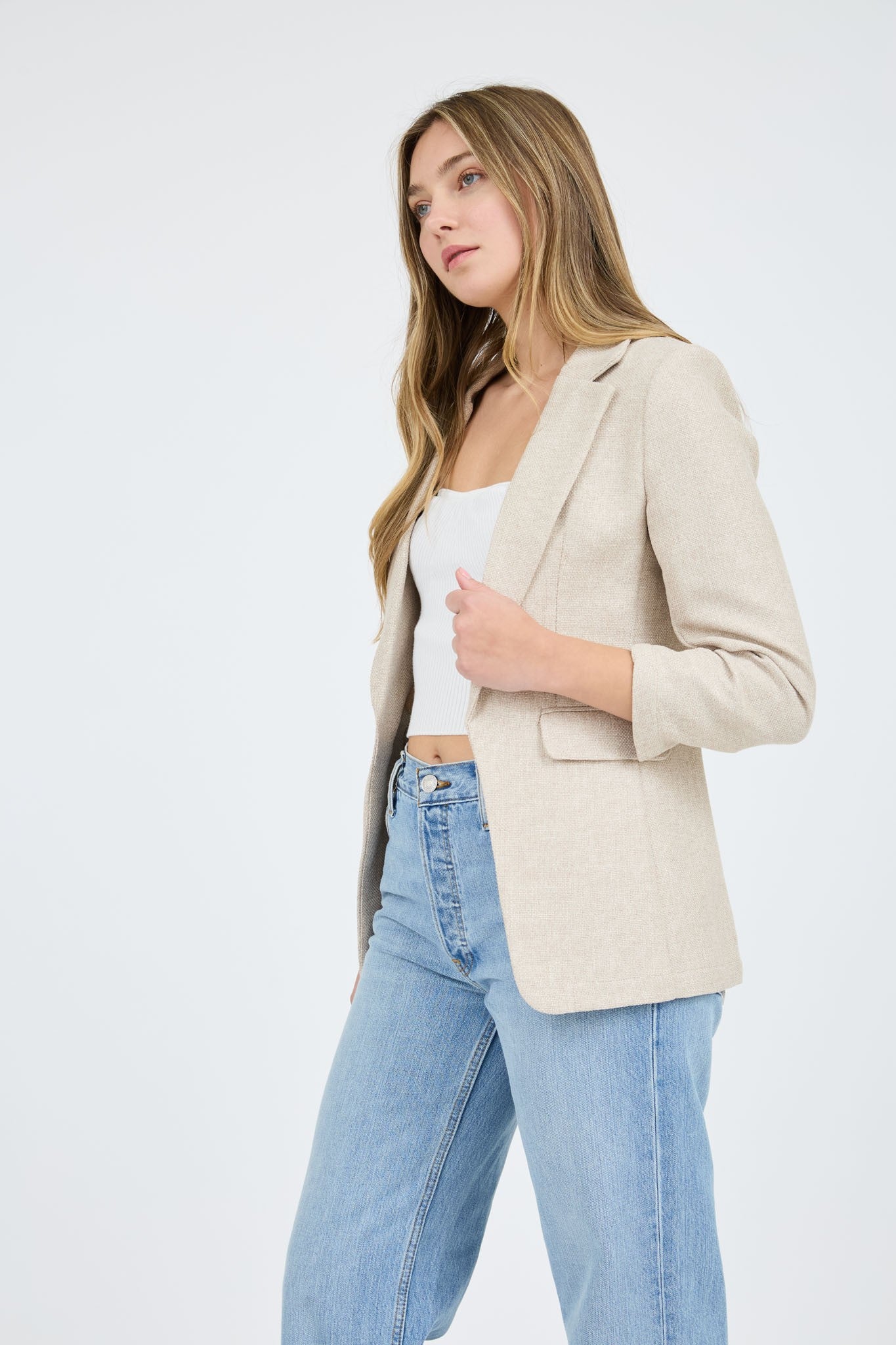 notch collar 3/4 sleeve linen blazer