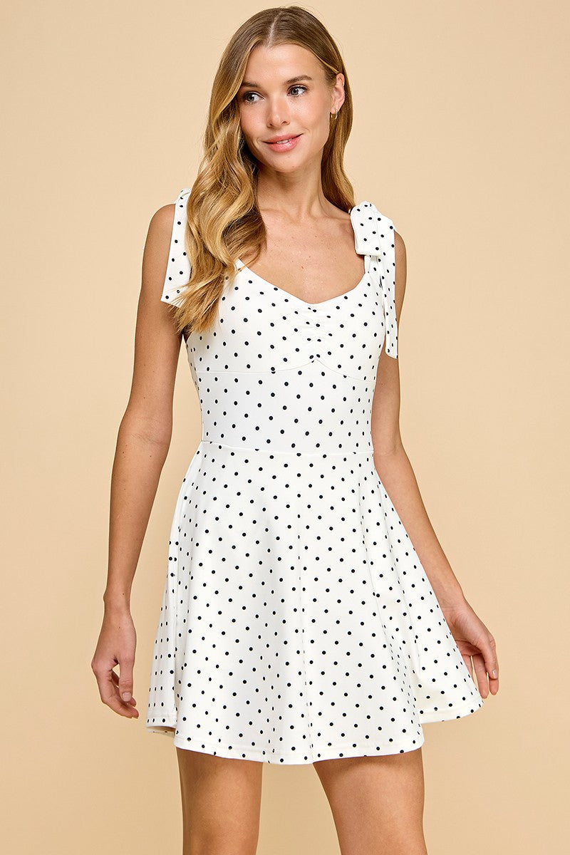 Polka Dotted Fit and Flare Athleisure Dress White / Medium Polka Dotted Fit and Flare Athleisure Dress White / Medium