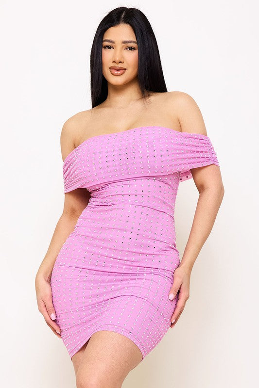 pink studded dress Fuchsia Studded Fringe Asymmetric Midi Dress