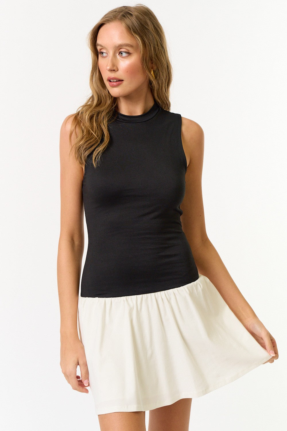 Sleeveless Mock Neck Flare Mini Dress Black/White / Small Sleeveless Mock Neck Flare Mini Dress Black/White / Small
