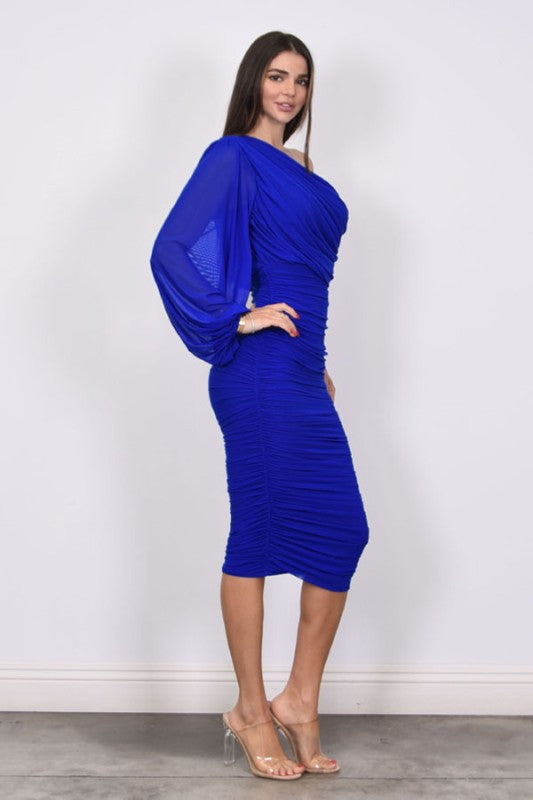 mesh ruched one sleeve midi dress