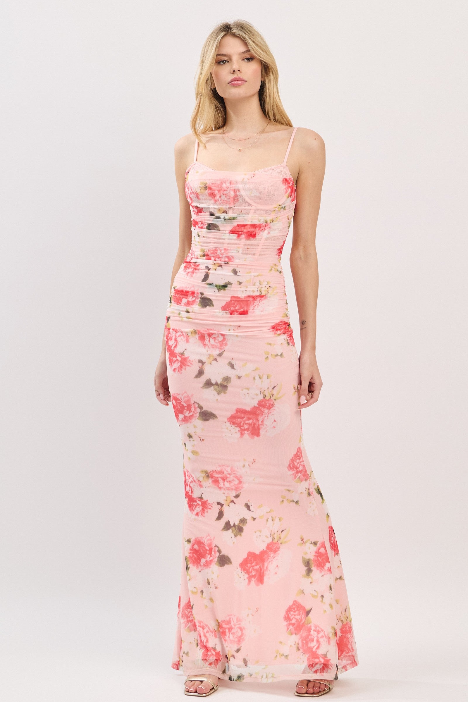 sleeveless mesh maxi dress floral sleeveless mesh maxi dress Pink / Large
