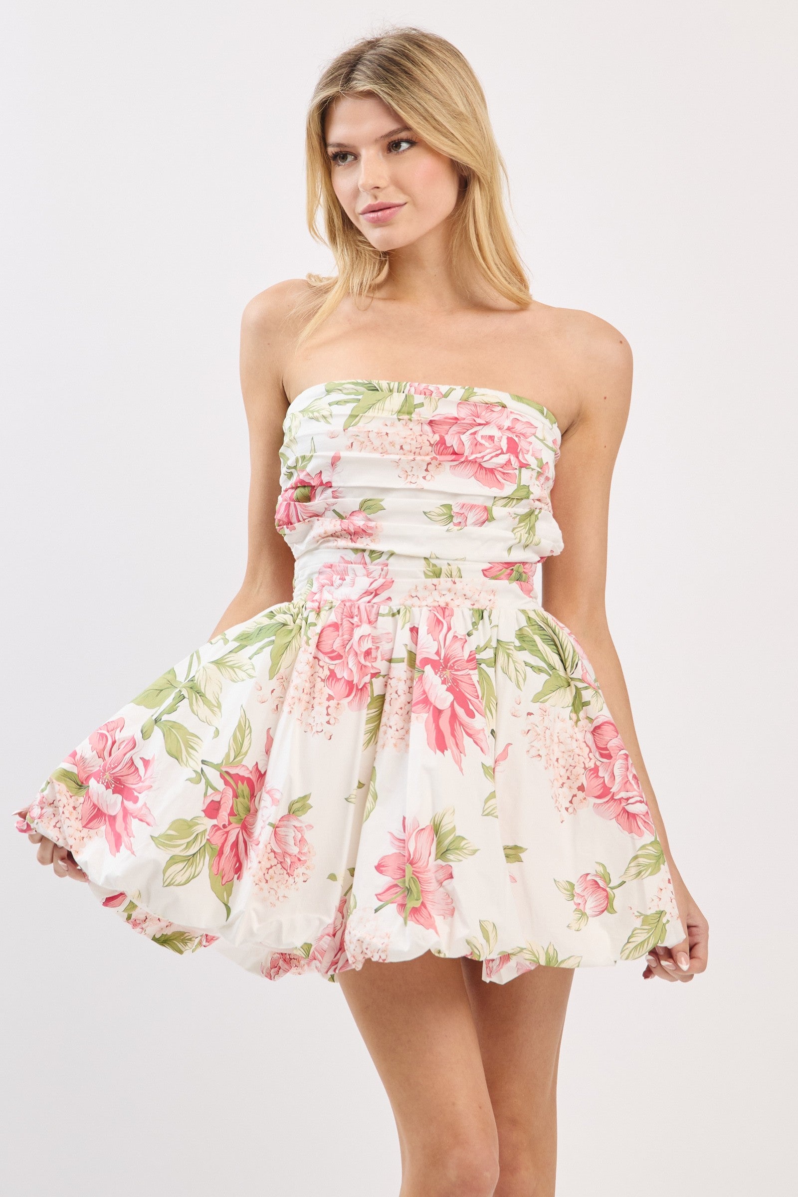 bubble floral mini dress Sage Floral Print Bubble Hem Strapless Mini Dress