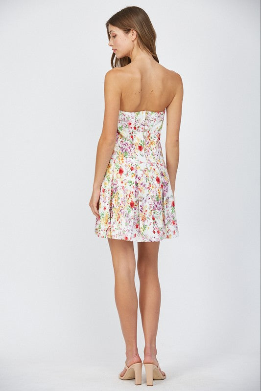 floral strapless pleated dress