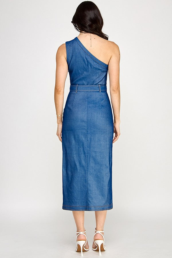 Denim One Shoulder Belted Midi Dress