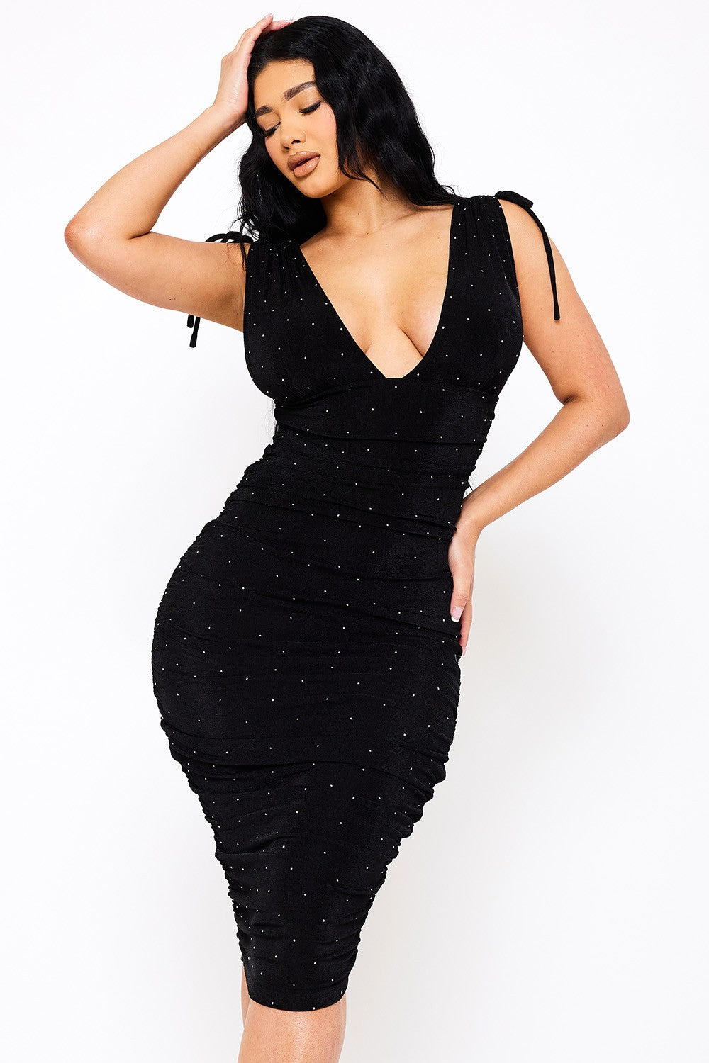 Deep V-neckline Soft Slinky Rhinestone Midi Dress Black / Medium Deep V-neckline Soft Slinky Rhinestone Midi Dress Black / Medium