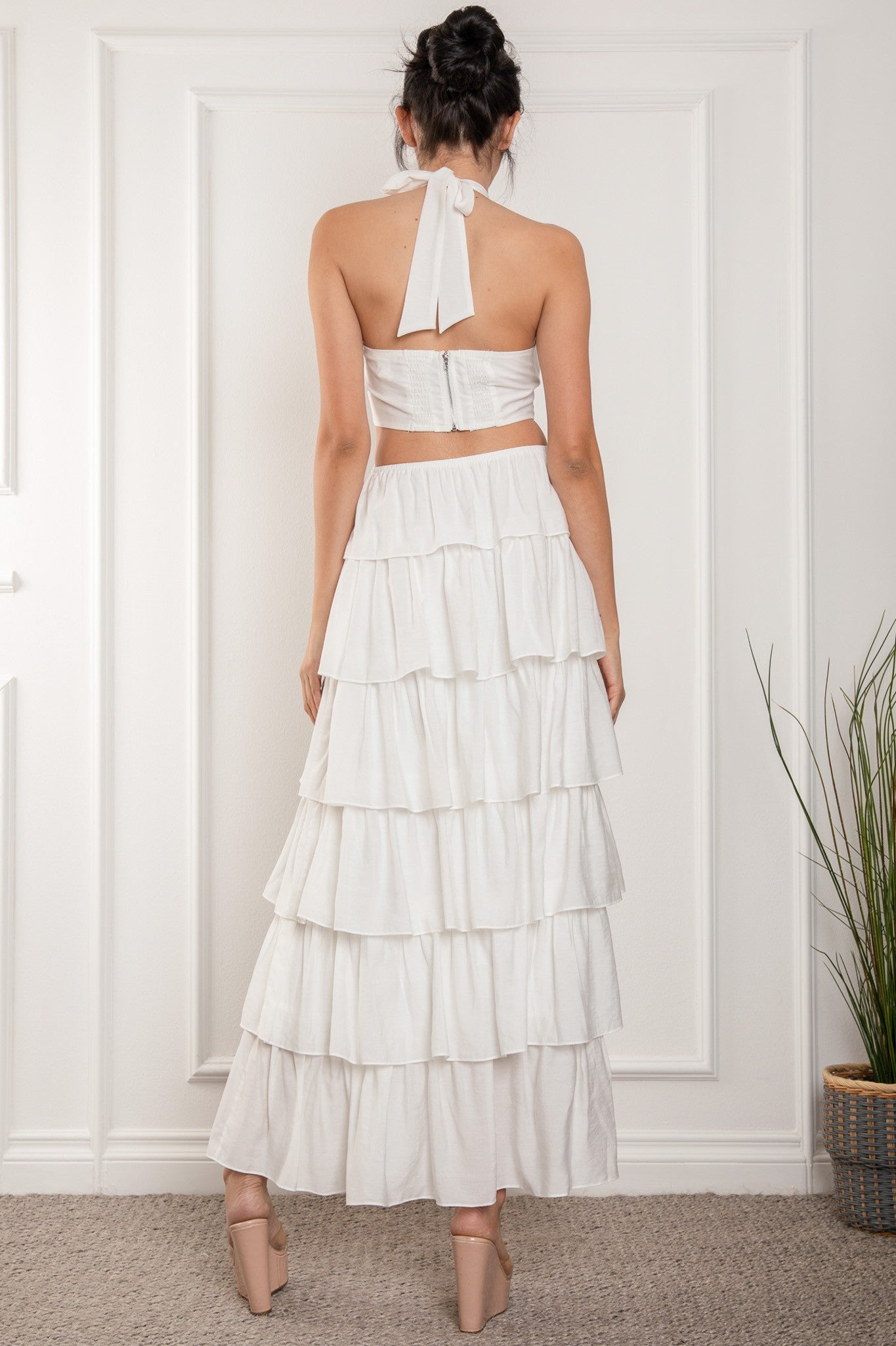 Halter Neck Sleeveless Tiered Ruffle Maxi Dress