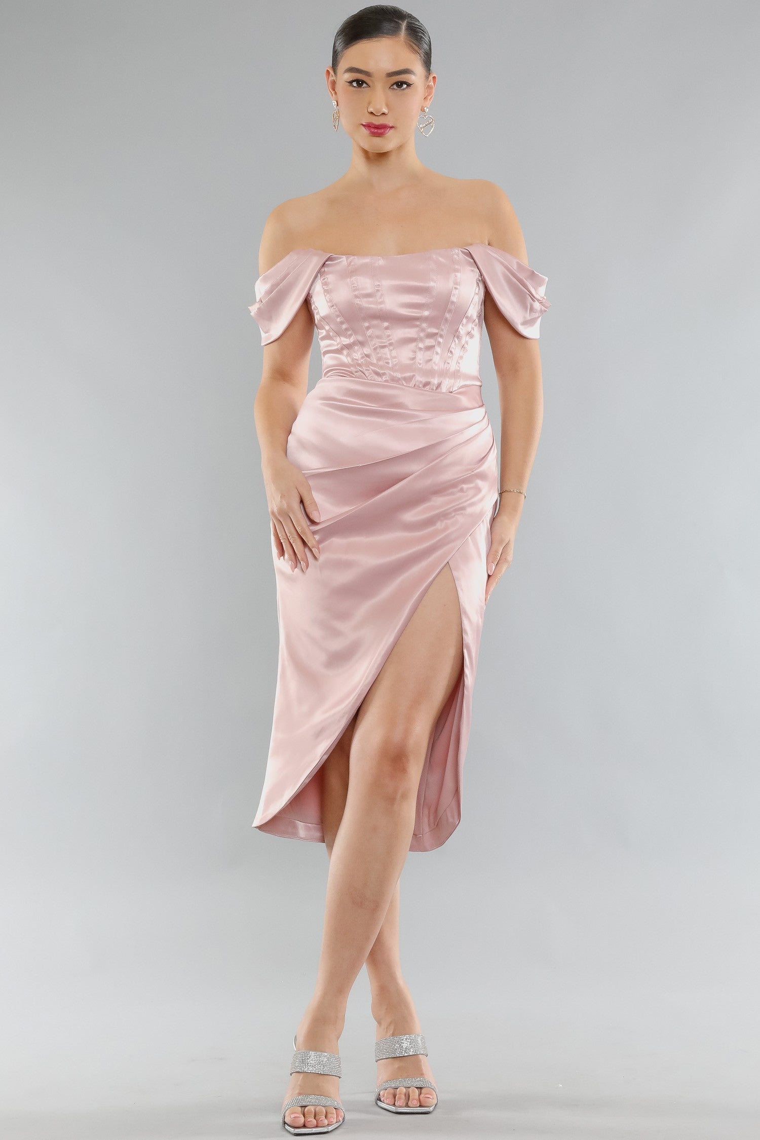 Satin Off The Shoulder Corset Dress Pink / Small Satin Off The Shoulder Corset Dress Pink / Small