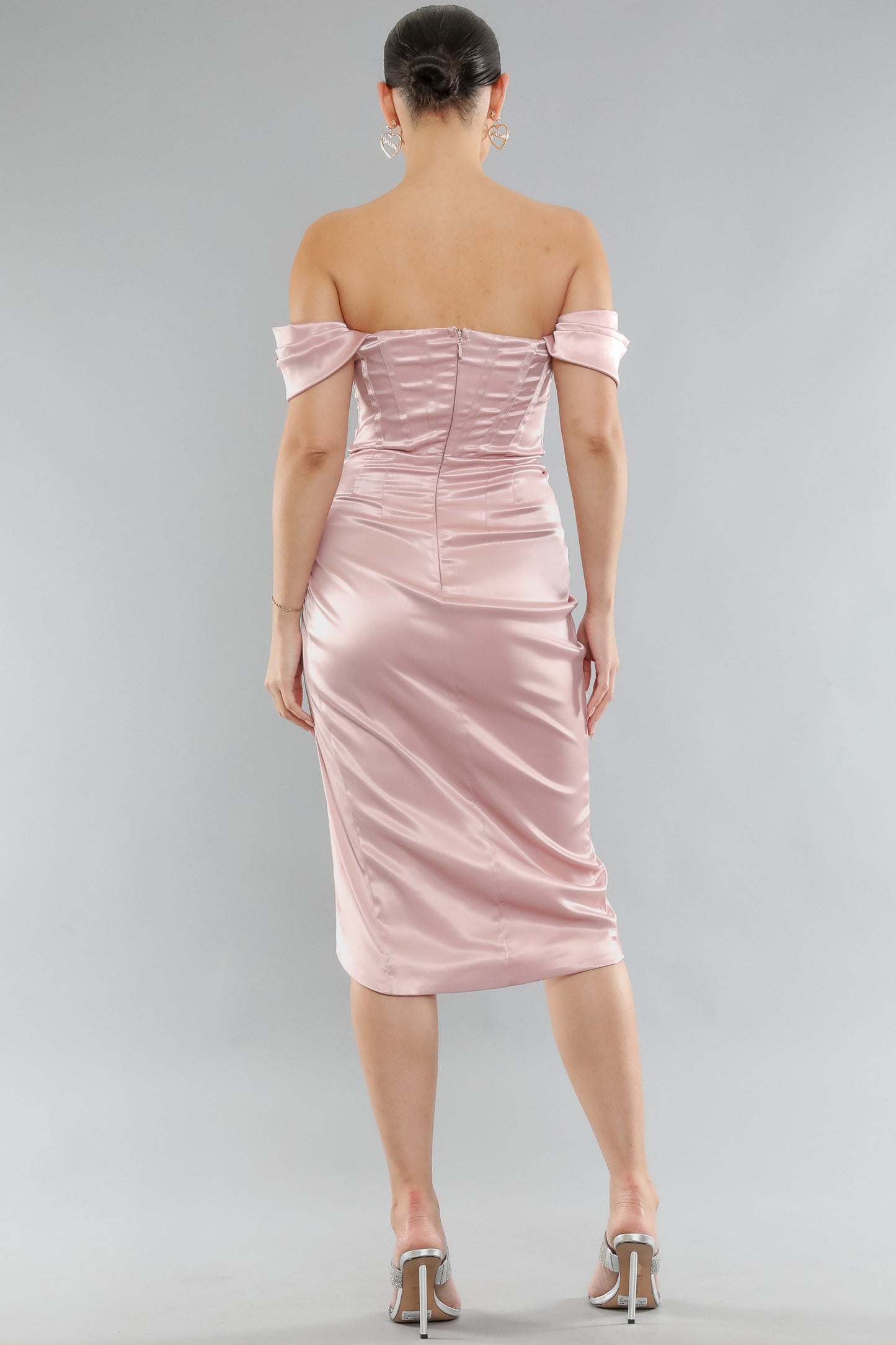 satin off the shoulder corset dress