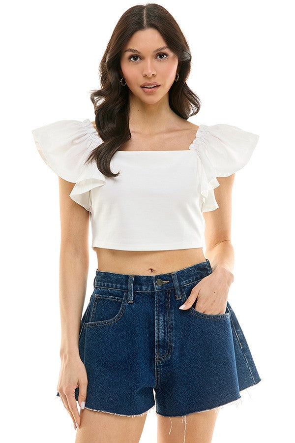 white ruffle sleeve crop top