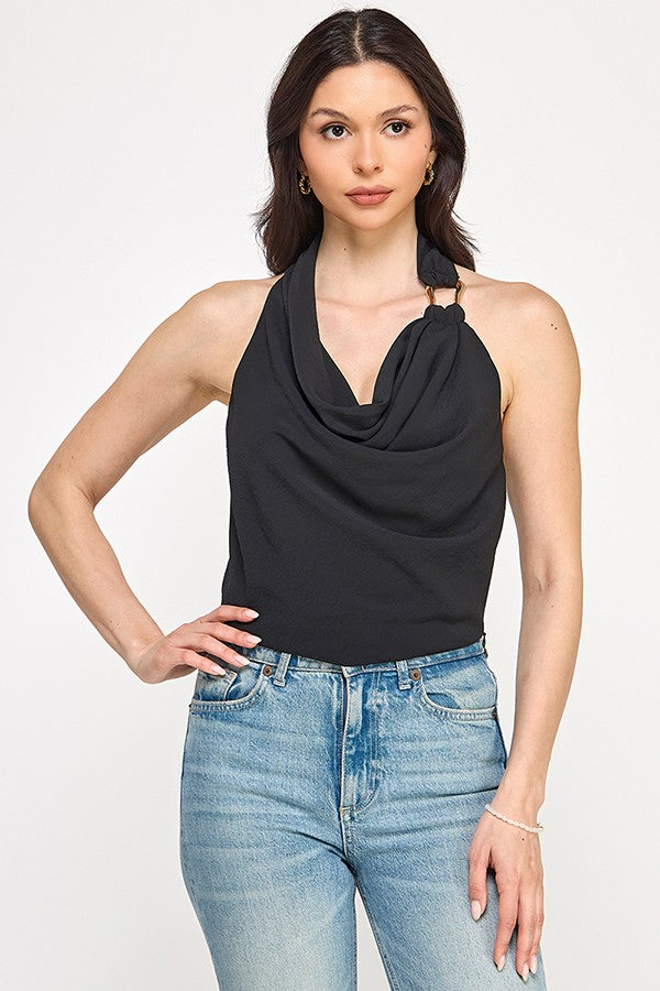 metal detailed cowl neck halter top