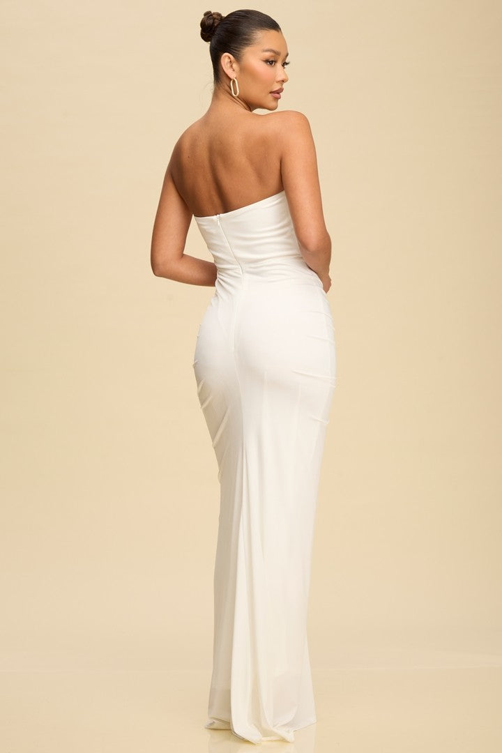 strapless ruched jersey mermaid maxi dress