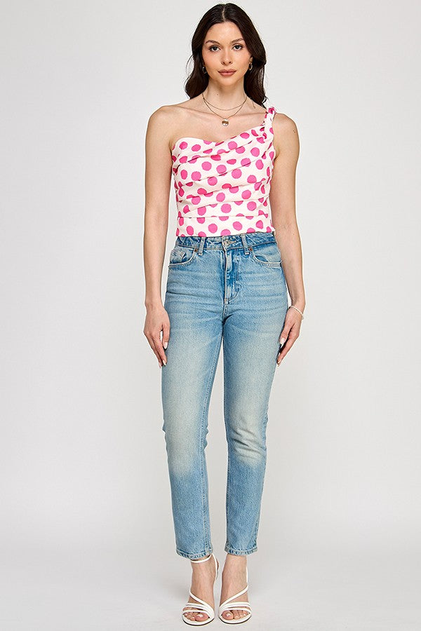 Polka Dot Twisted One Shoulder Top