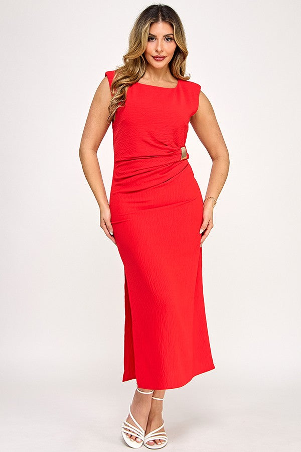 Ruched Waist Square Neck Midi Dress Red / Medium
