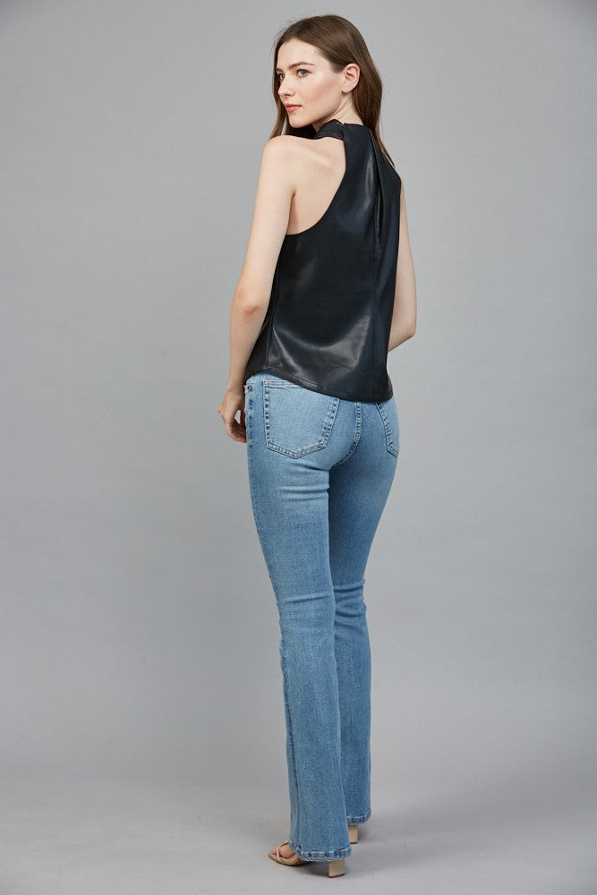 Faux Leather Crisscross Neckline Sleeveless Top