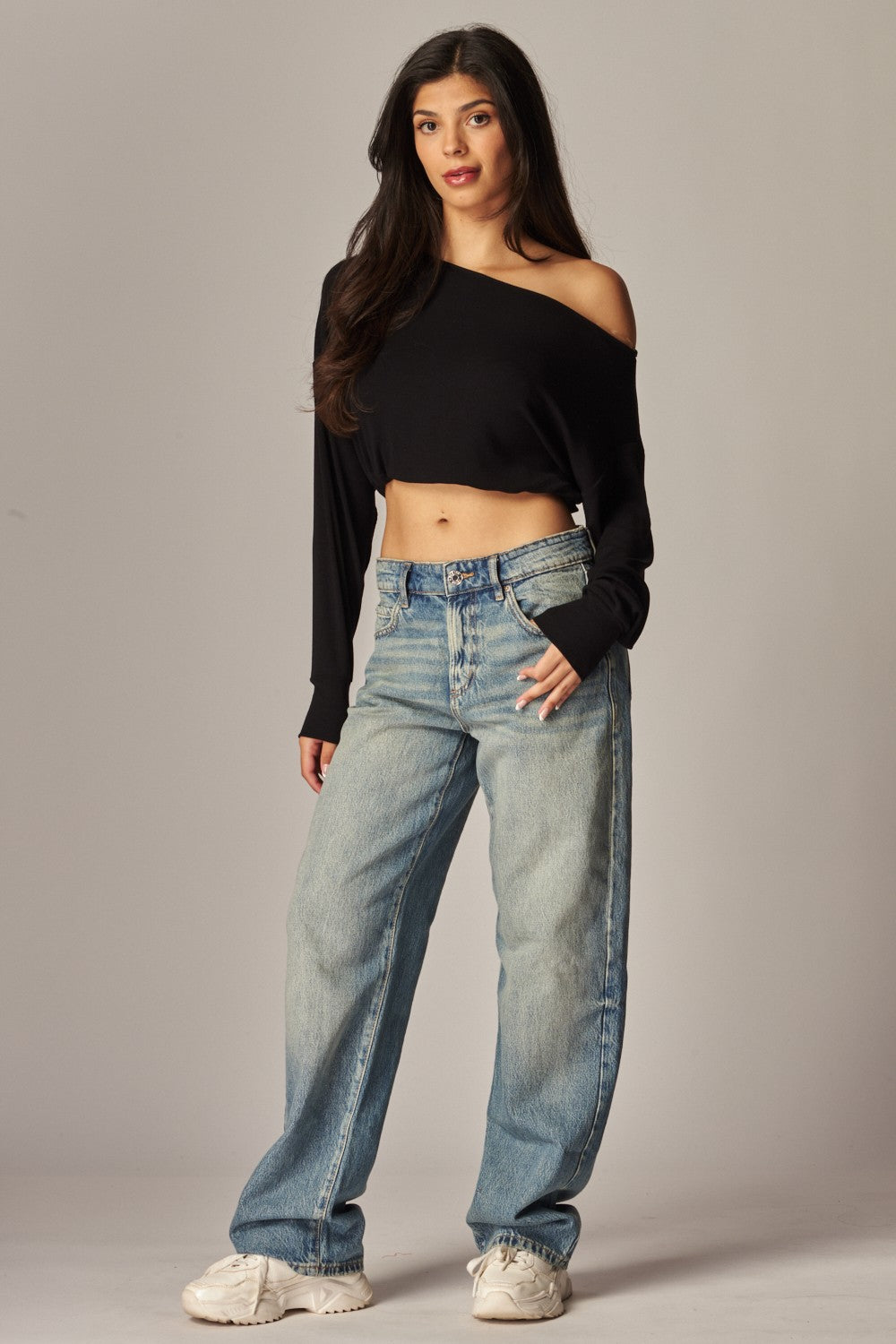 Soft Ribbed Knit Off Shoulder Long Sleeve Top