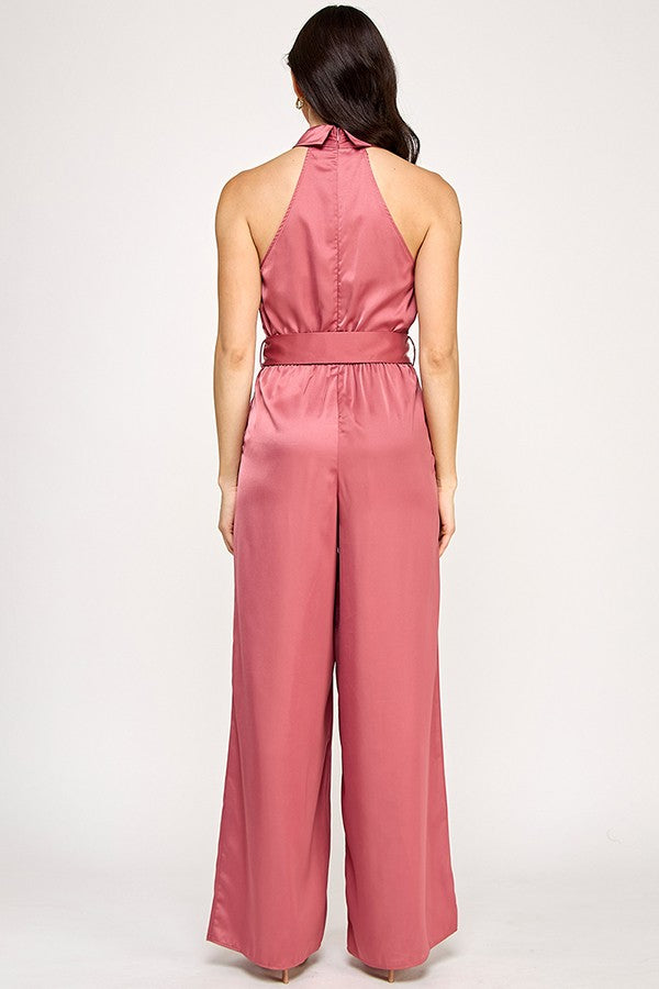 satin collared belted jumpsuit