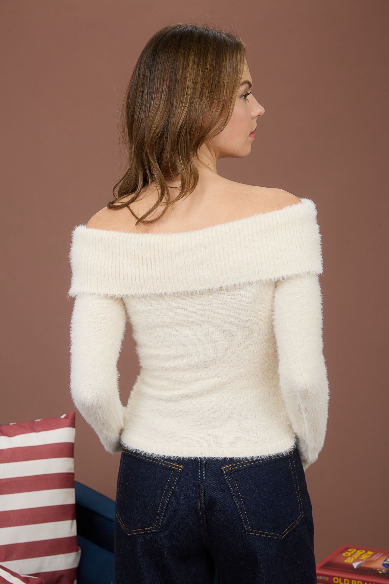 off the shoulder fuzzy knit sweater