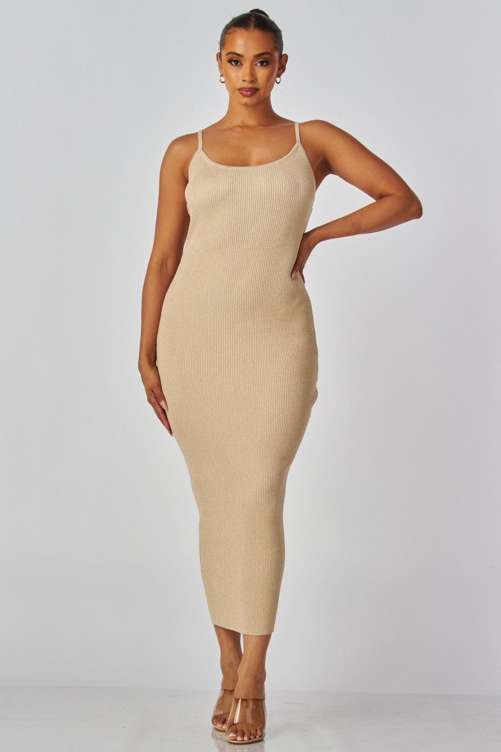 lurex sleeveless ribbed knit midi dress Beige / S/M