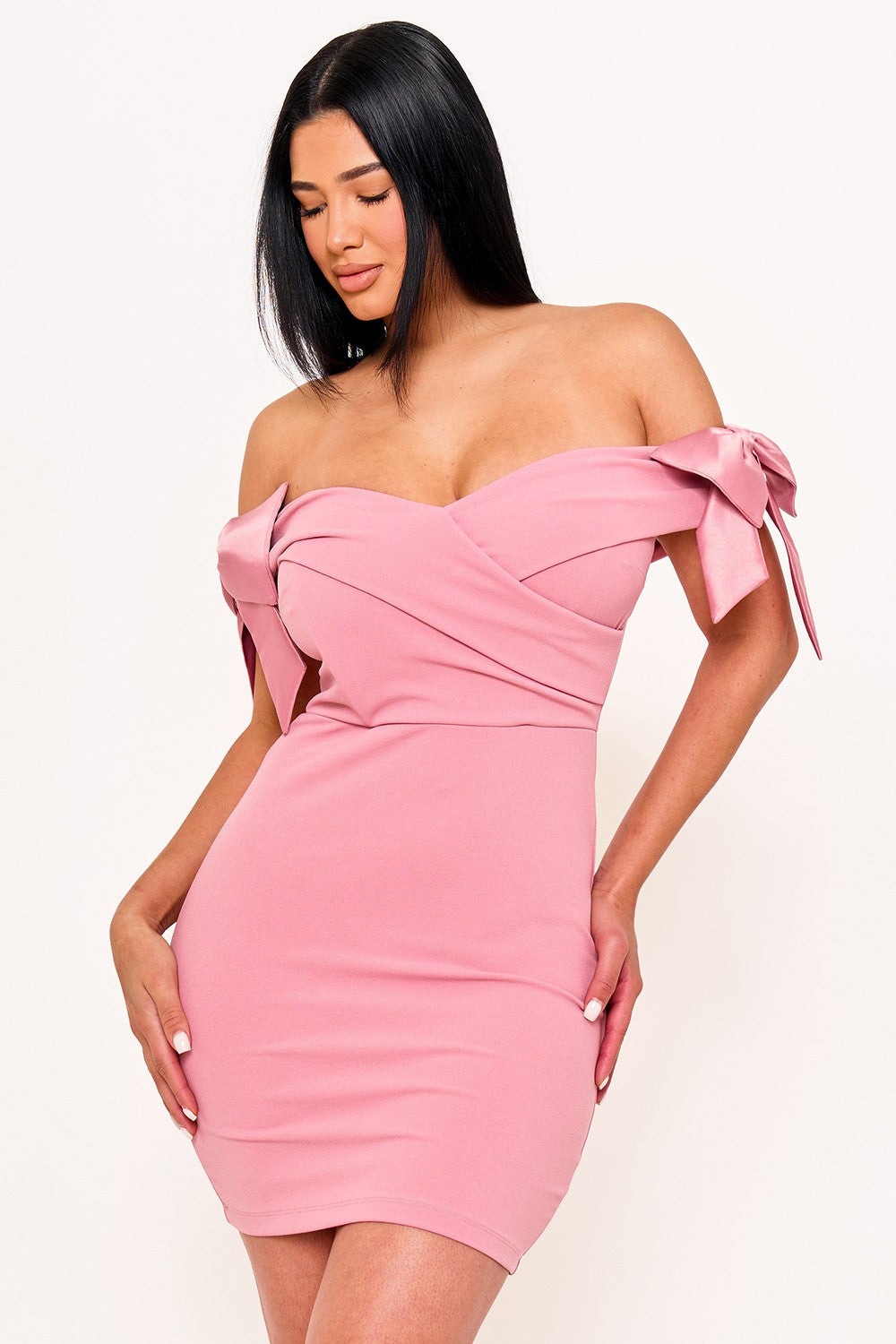 Satin Bow On Sleeve Off The Shoulder Mini Dress Pink / Medium Satin Bow On Sleeve Off The Shoulder Mini Dress Pink / Medium