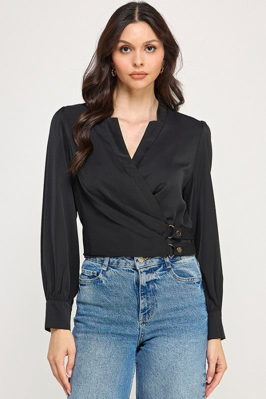 Double D Ring Long Sleeve Surplice Top