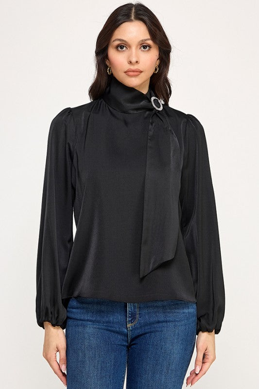 High Neck Tie With Buckle Trim Long Sleeve Top