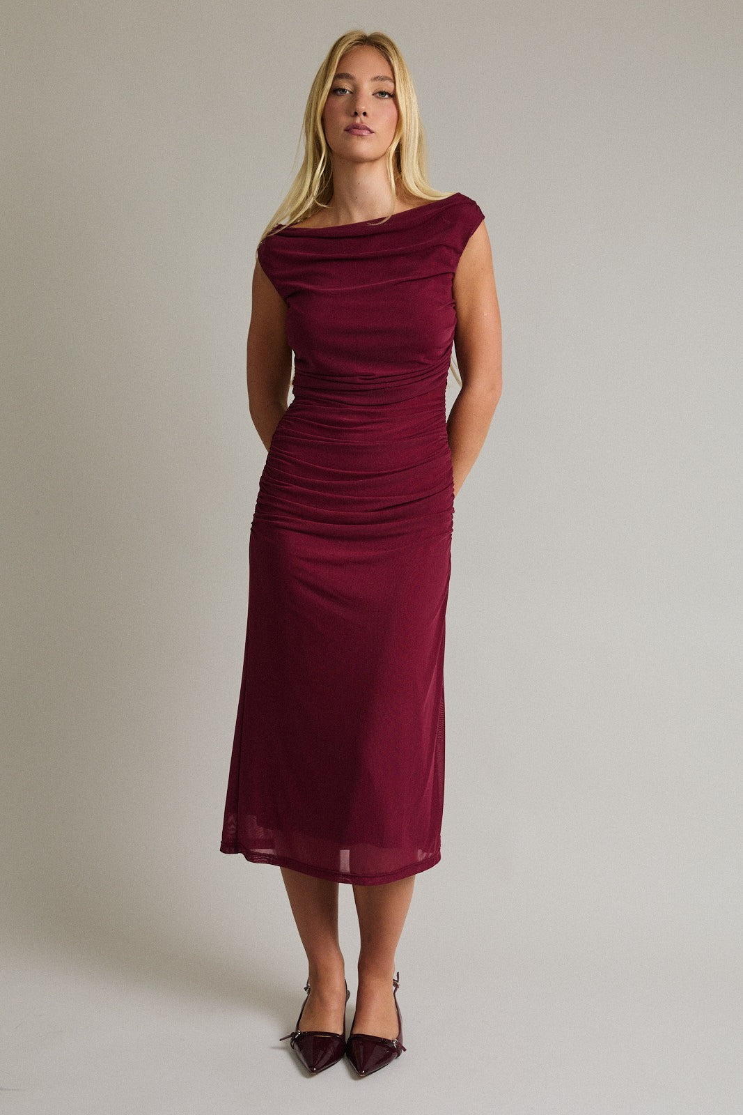 off the shoulder ruched midi dress Aroura Midi Dress Dark Rose / Small