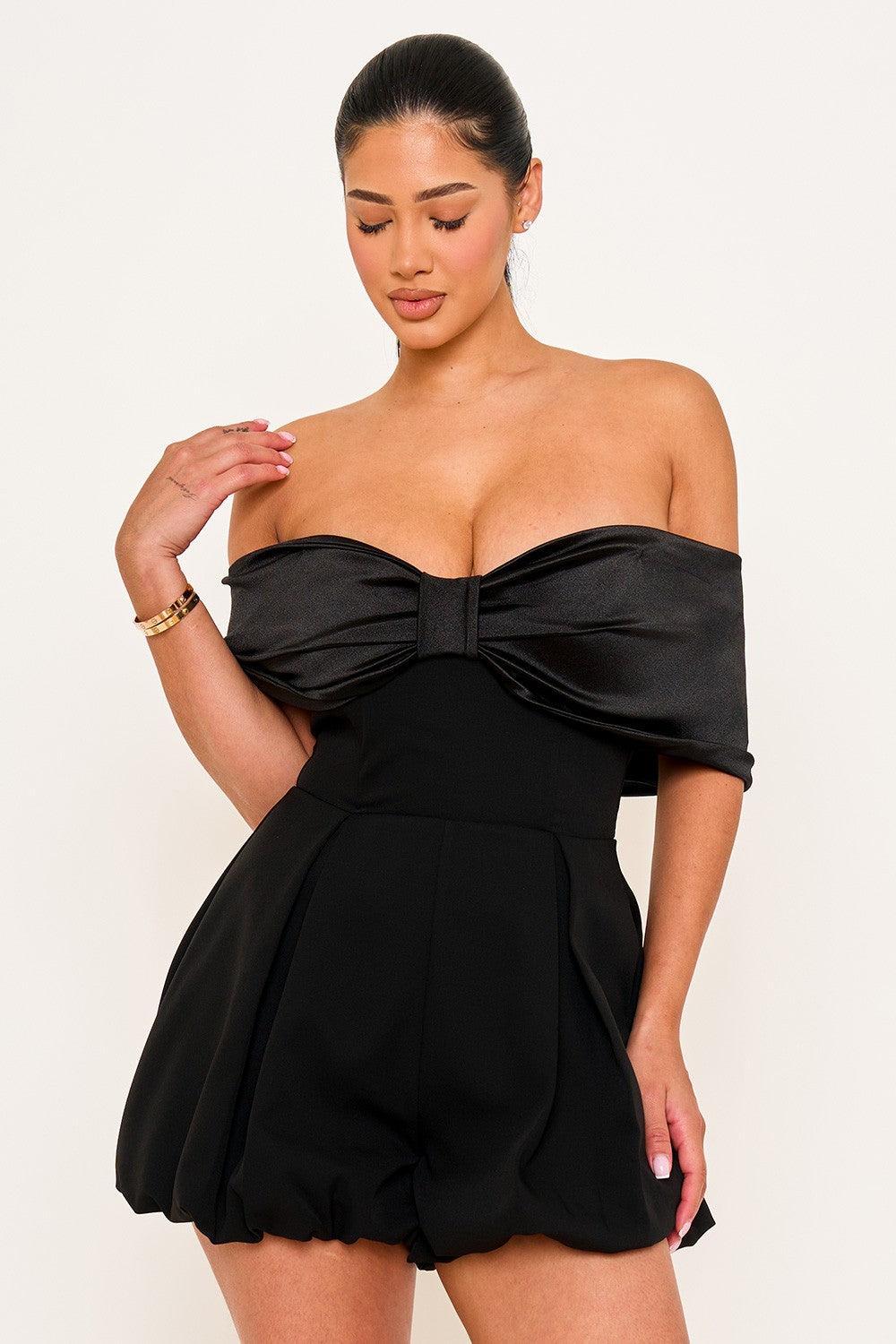 off the shoulder romper dress Satin Large Bow Front Off The Shoulder Romper Black / Medium