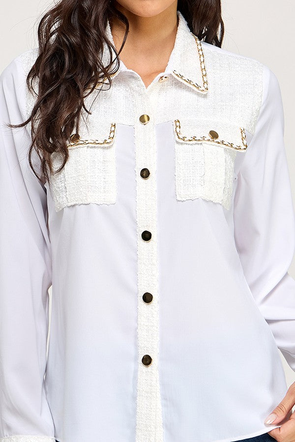 Long Sleeve Tweed Patch Work Button Up Shirt