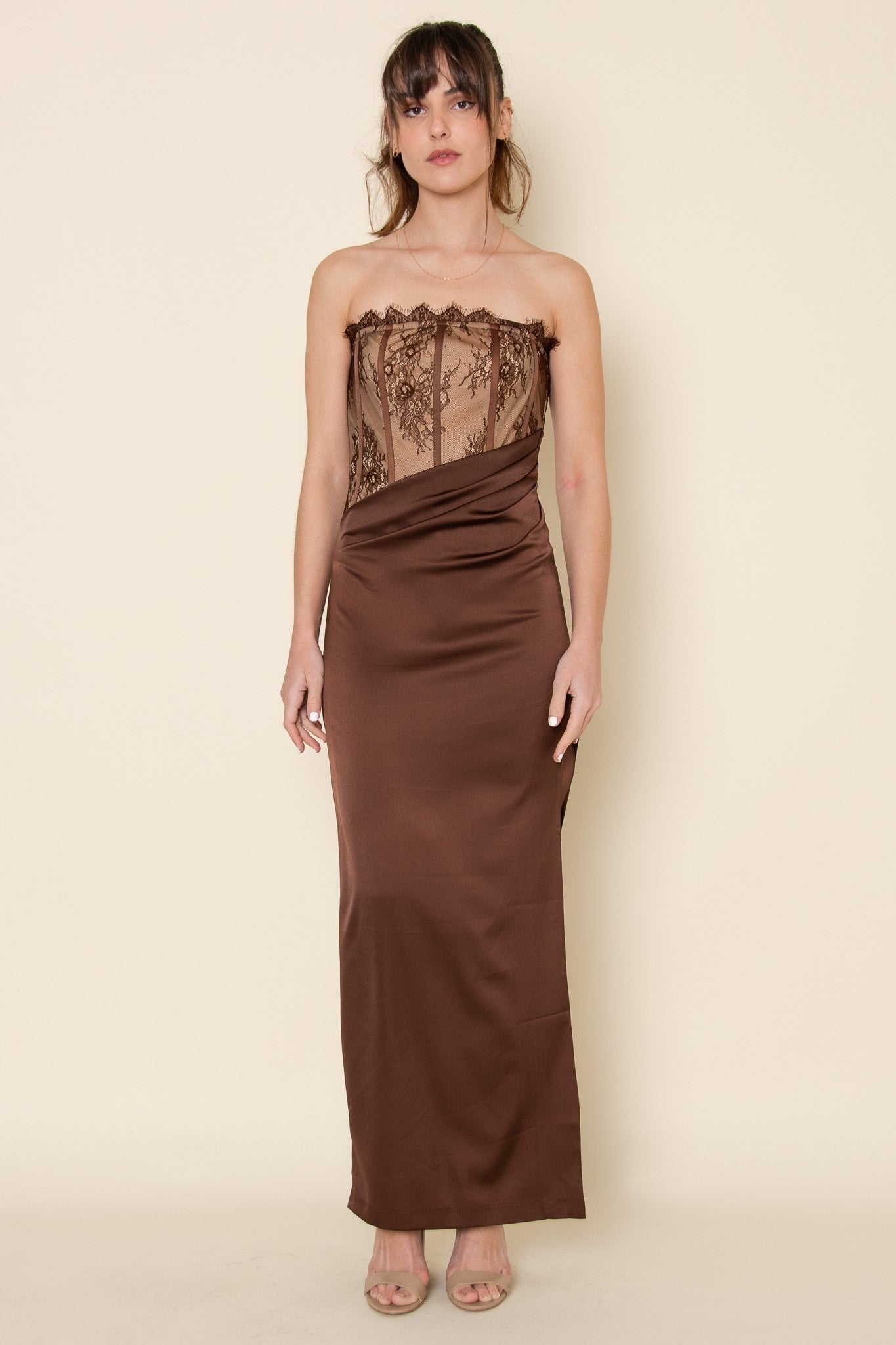 knee length dresses for ladies Lace Bodice Strapless Maxi Dress Brown / Small
