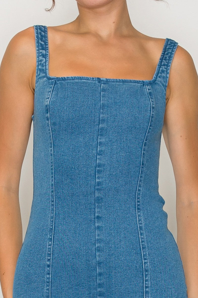 Elastic Cutout Square Fitted Denim Dress