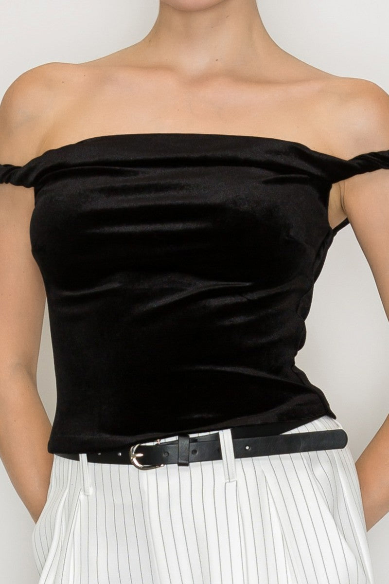 Velvet Twisted Strap Off-shoulder Top