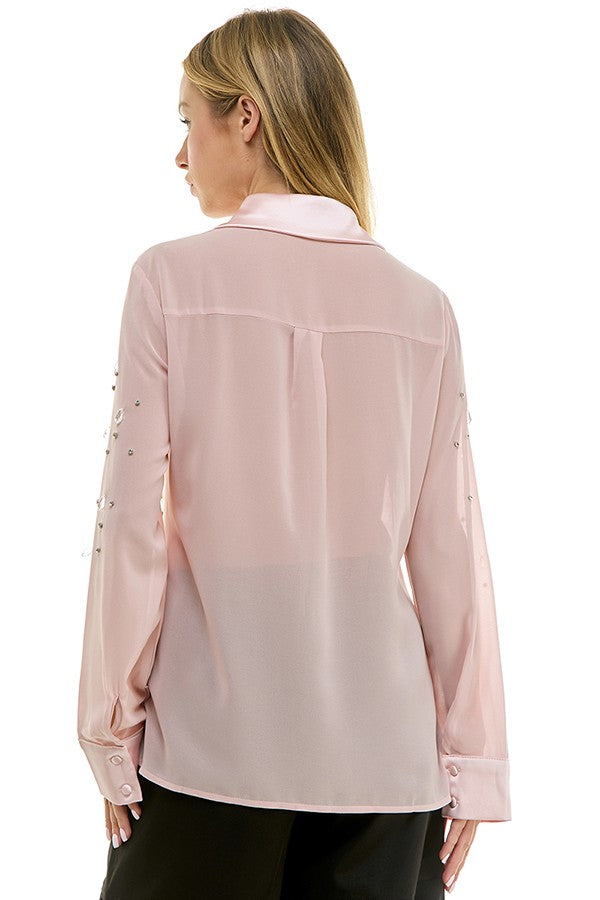 Sheer Embellished Button Up