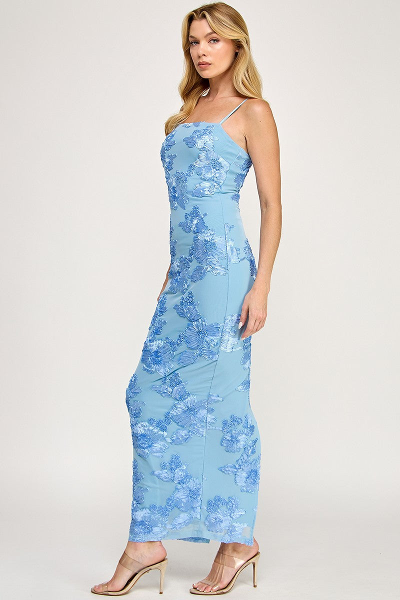 Sleeveless Mesh Floral Embroidered Maxi Dress