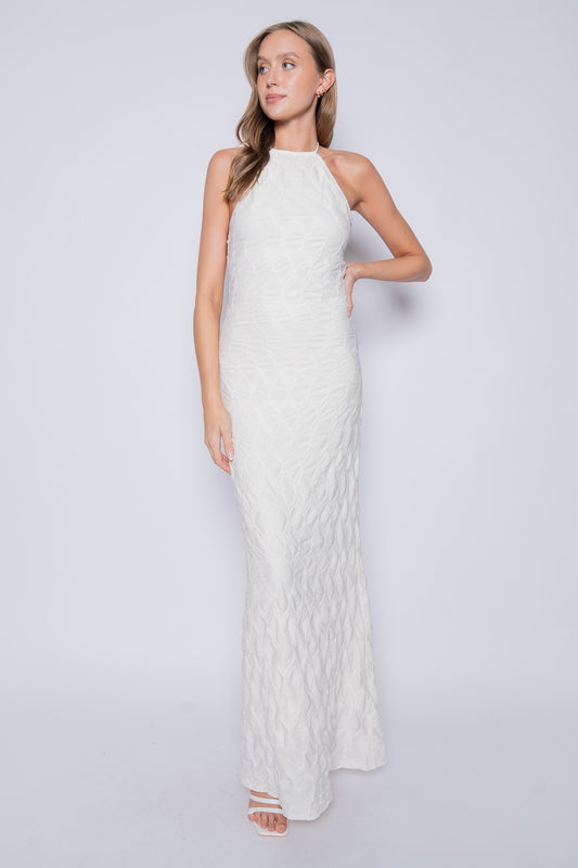 textured open back halter maxi dress