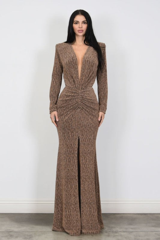 Metallic Lurex Knit Long Sleeve Maxi Dress Bronze / Small Metallic Lurex Knit Long Sleeve Maxi Dress Bronze / Small