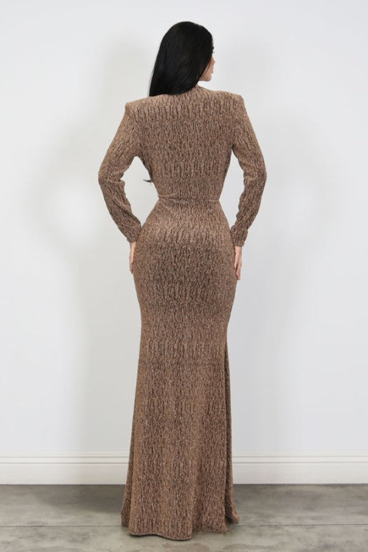Metallic Lurex Knit Long Sleeve Maxi Dress