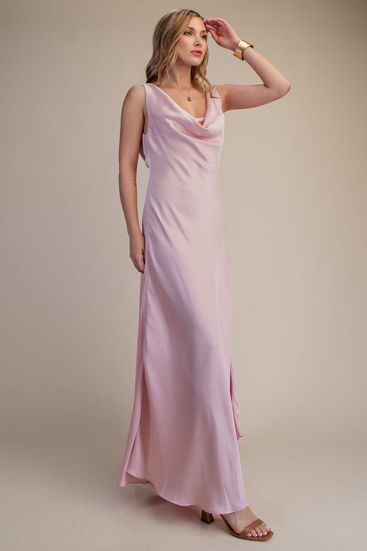 Back Tie Cowl Neck Sleeveless Satin Maxi Dress