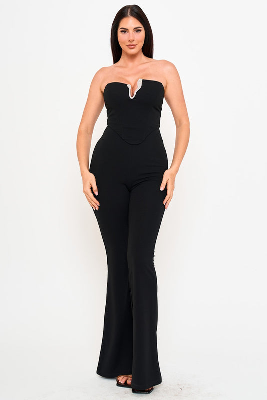 Strapless Rhinestone V-trim Neck Jumpsuit