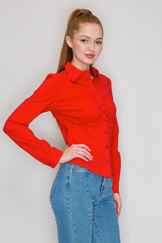 Ruched Detailed Button-down Shirt Top