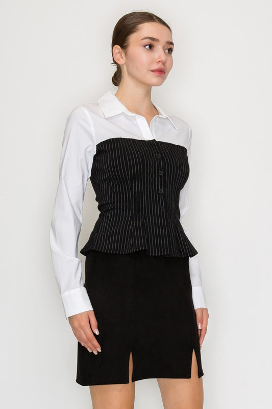 Pinstripe Corset Long Sleeve Collar Top