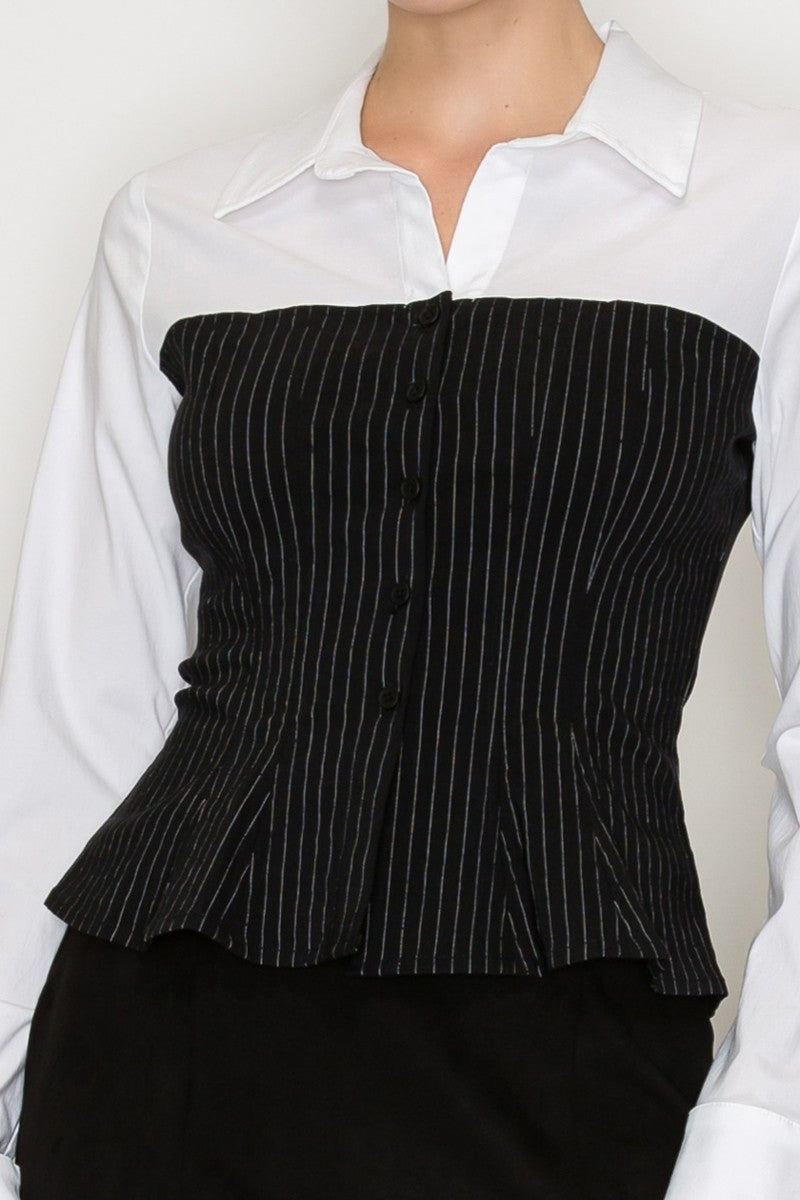 Pinstripe Corset Long Sleeve Collar Top
