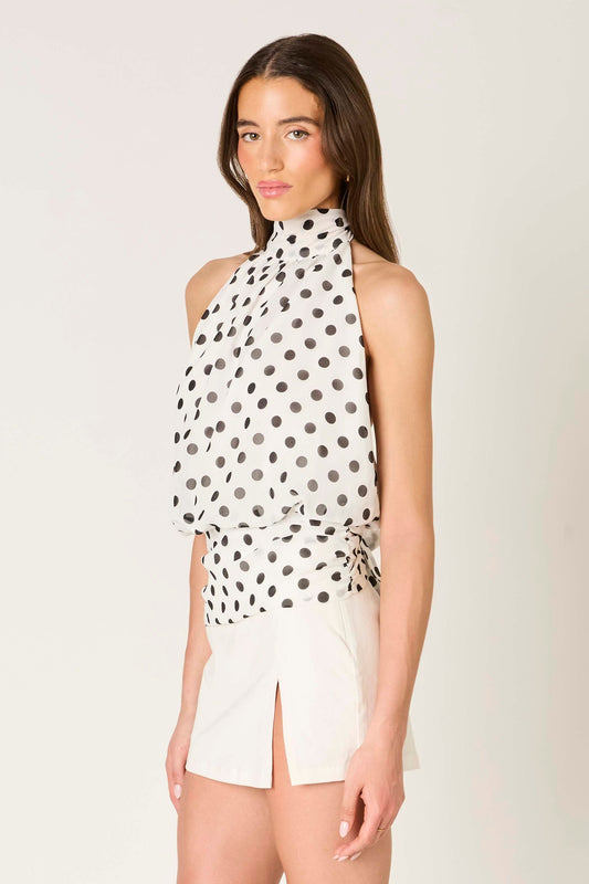 tie back high neck polka dot halter top