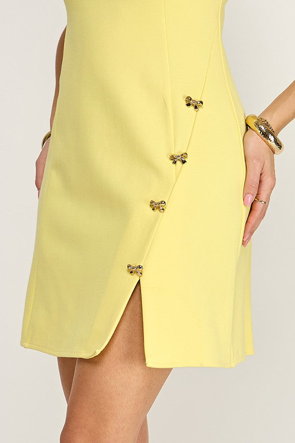 Gold Bow Trim Sleeveless Fitted Mini Dress