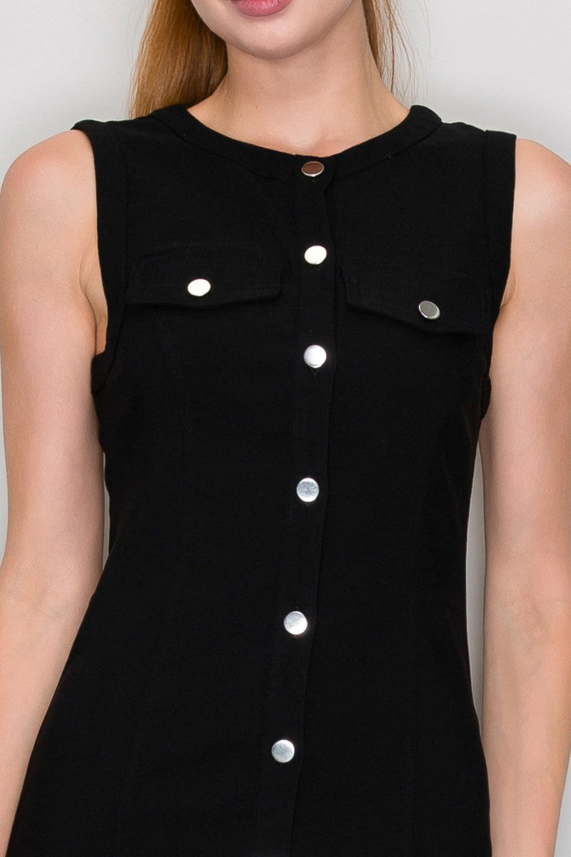 Sleeveless Pocket Buttoned Mini Dress